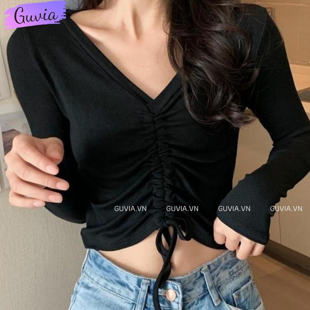 Áo Croptop Tay Dài Cổ Tim Rút Dây Kiểu Nữ Ôm Body Sexy Ulzzang GUVIA