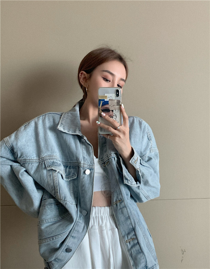 Korean style women's short denim jacket Korean long body denim jacket