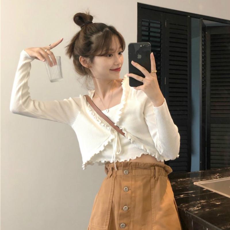 SET CARDIGAN TĂM MỎNG + ÁO QUÂY NỮ ĐEN TRẮNG - CROPTOP THIẾT KẾ DÂY VIỀN BÈO  - SET ÁO KHOÁC CROP CỘT BÈ