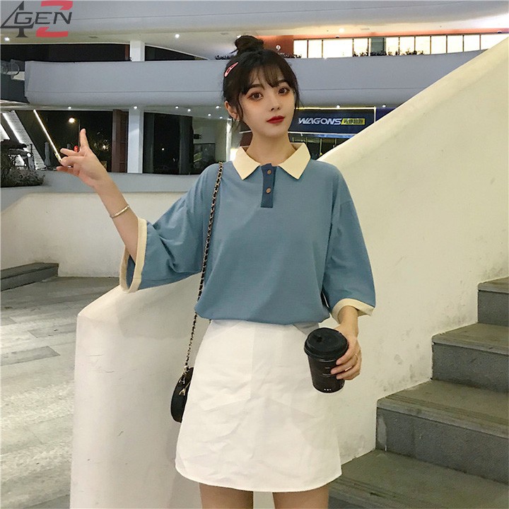 Áo phông tay lỡ unisex 🔥TREND 2021🔥 Áo phông polo nữ có cổ form rộng đẹp Thời trang Quảng Châu