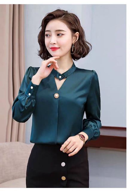 Áo sơ mi nữ công sở tay dài phi cổ giọt nước size S M L Xl