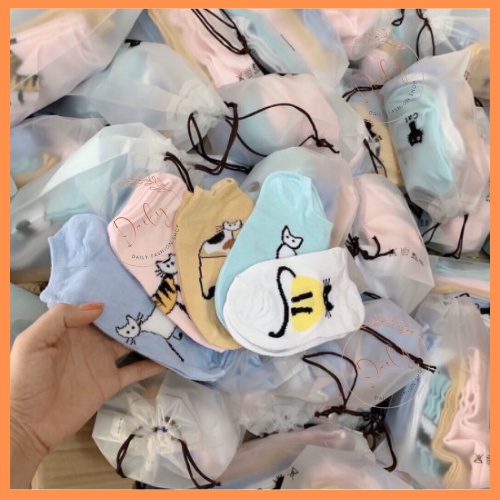 Tất Nữ Cổ Ngắn Họa Tiết Mèo Cute Màu Pastel Siêu Xinh Nhiều Màu