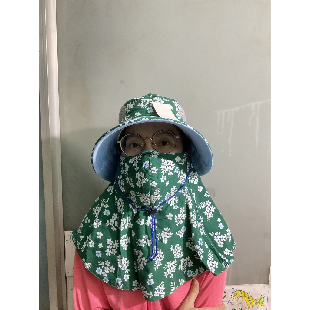 Khẩu trang nón Duy Ngọc vành tròn chất liệu cotton hoa nhỏ nhiều màu, dây kéo 1 bên, thích hợp cho mọi thời tiết