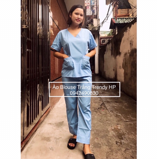 Bộ quần áo Phẫu Thuật nữ màu xanh dương - Áo đồng phục thẩm mỹ viện, spa màu xanh dương