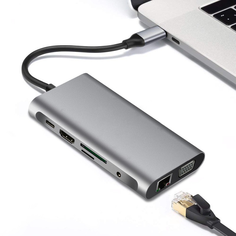 Cáp chuyển đổi Type C to HDMI 4K / VGA/ LAN/ PD/ TF/ SD/ USB 3.0 /Audio 3.5mm 10 in 1 dùng cho Macbook, Samsung DEX,DELL