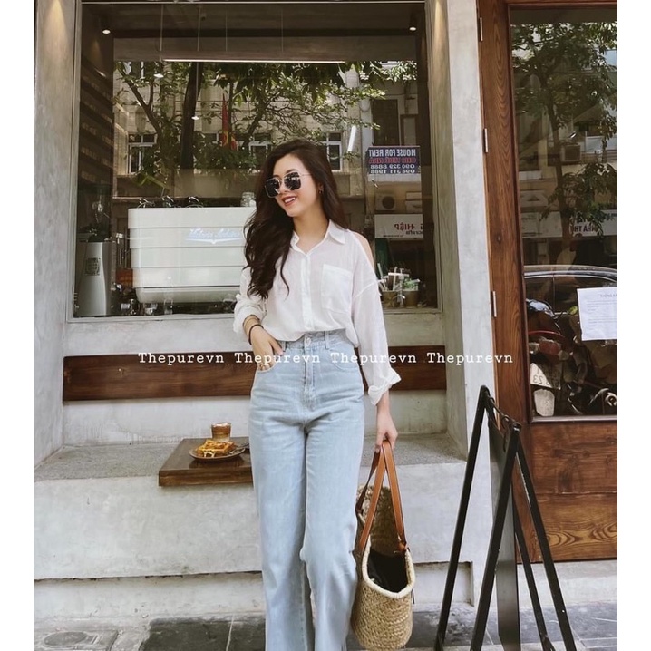 ⚡️BÁN Sỉ⚡️Áo sơmi trắng xẻ vai chất đũi mềm