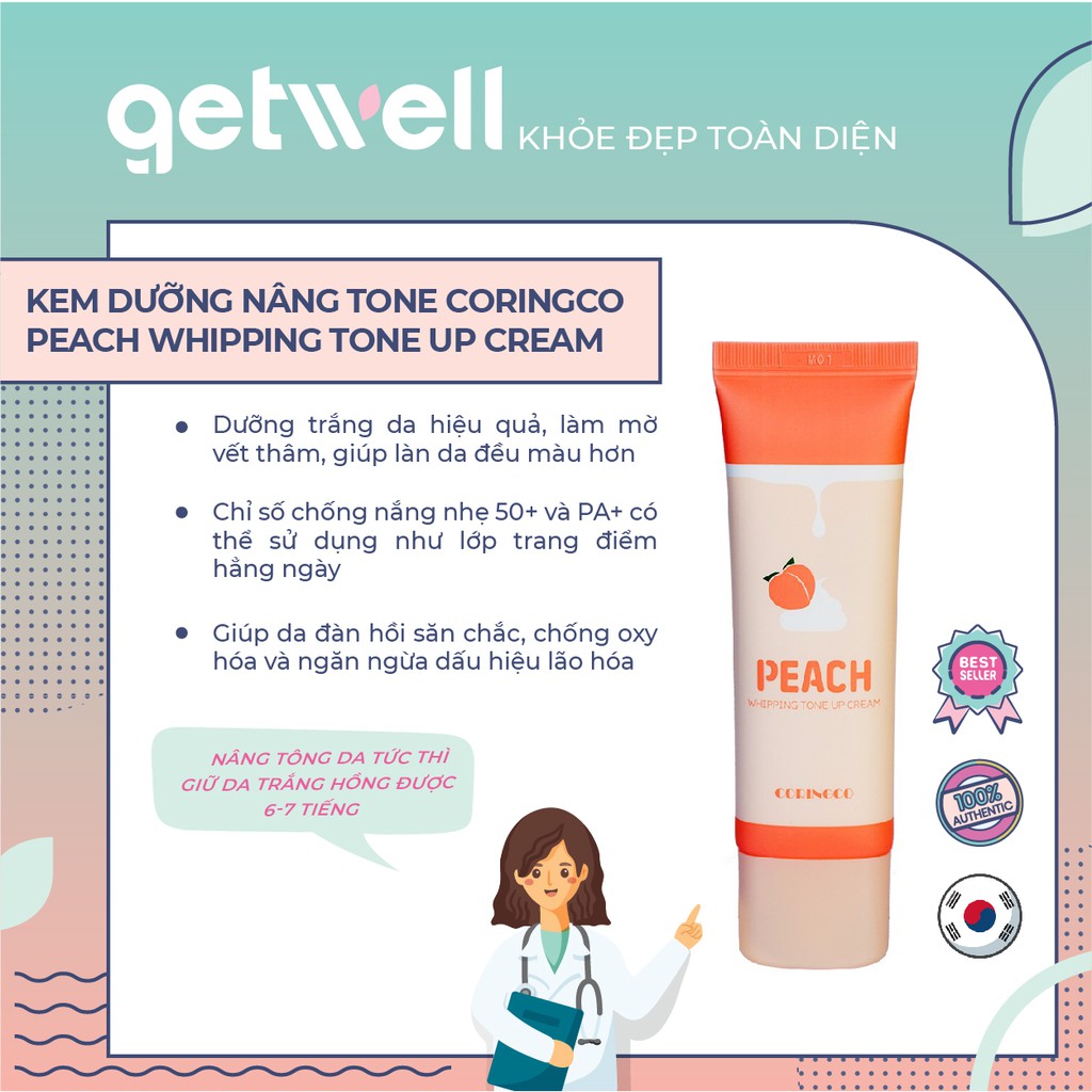 Kem Đào Nâng Tone, Dưỡng Trắng Coringco Peach Whipping Tone Up Crem