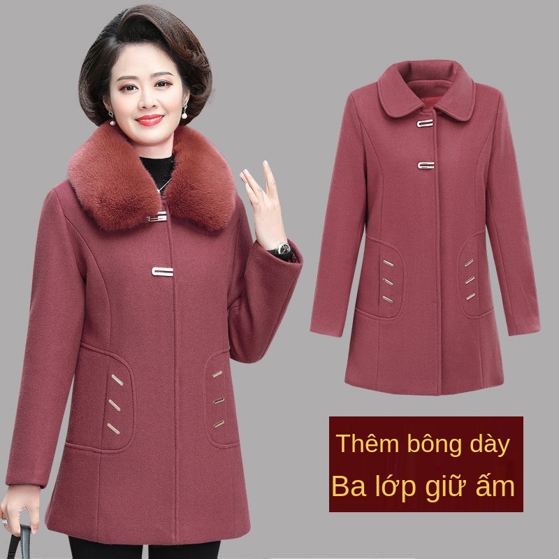 Áo khoác len nữ trung niên và người già, niên, đầm mẹ thu đông cotton 40-50