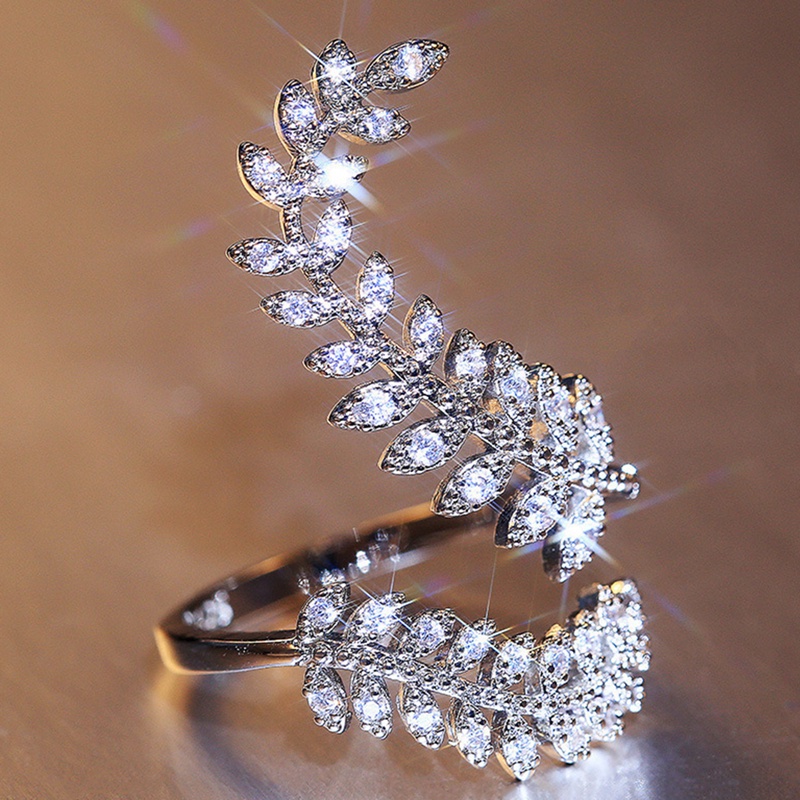 Nhẫn mạ bạc hình chiếc lá dài đính đá zircon sáng tạo thời trang cho nữ