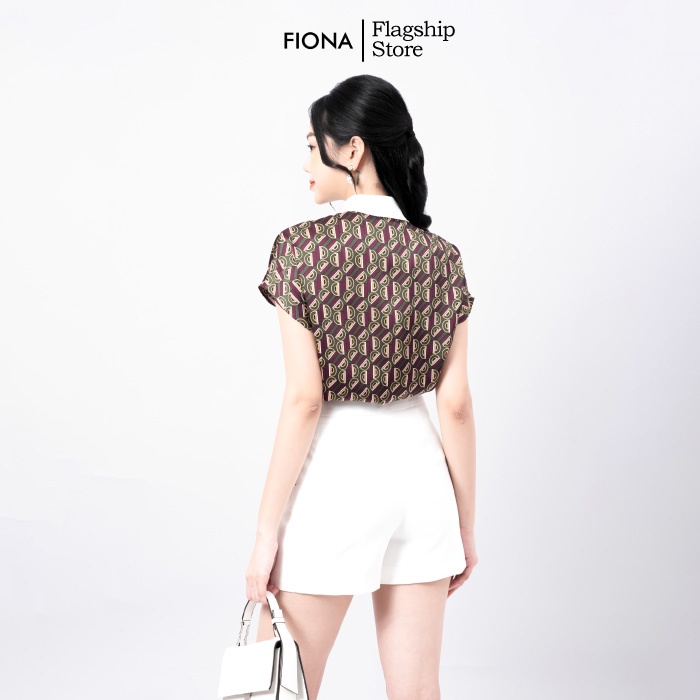 Áo sơ mi cổ đức Fiona, Sơ mi nữ cộc tay họa tiết màu tím trẻ trung mã F551204