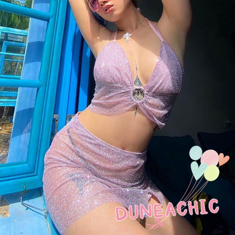 DUNEA Set Áo Tank Top 2 Dây + Chân Váy Xẻ Tà Đính Kim Tuyến Lấp Lánh Thời Trang Quyến Rũ Cho Nữ