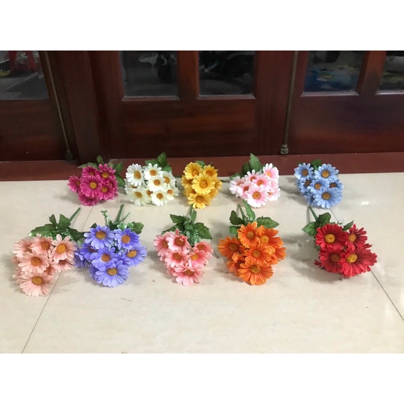 Cụm hoa đồng tiền 9 bông 25cm, hoa lụa trang trí