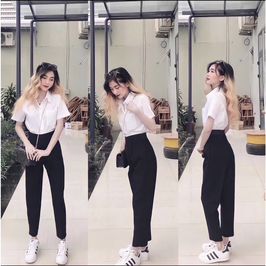 Áo sơ mi nữ cộc tay xắn có túi, Áo sơ mi trắng nữ tay lỡ form rộng vải lanh trơn