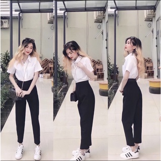 Áo sơ mi nữ tay ngắn lỡ form rộng vải lanh trơn kiểu áo sơ mi trắng có túi cổ bẻ cộc tay