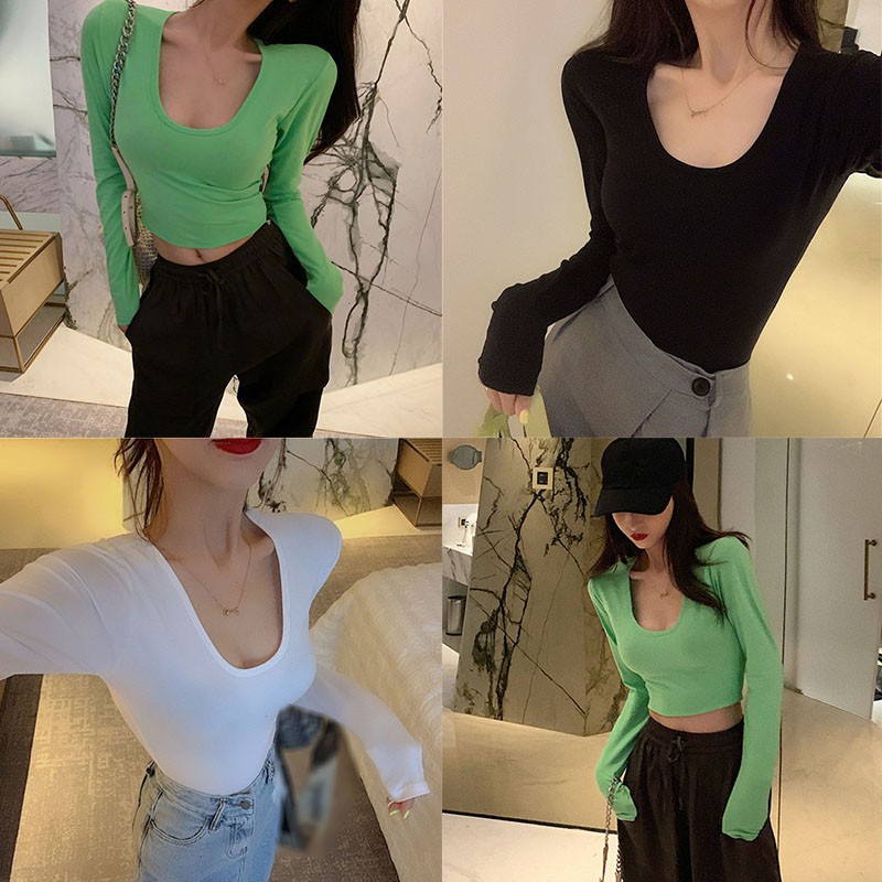 Áo thun tay dài cổ chữ U thời trang Hàn Quốc dành cho nữ