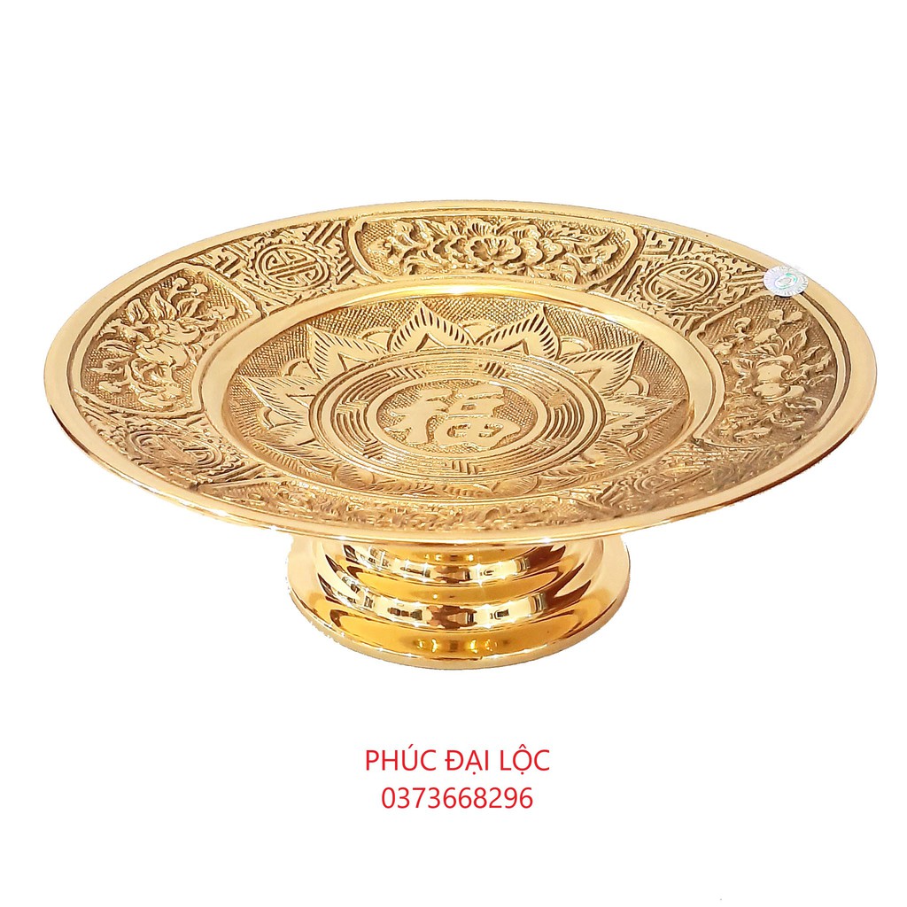 Mâm bồng phúc sen / đĩa đựng hoa quả đường kính 25 cm bằng đồng màu vàng sáng bóng - Đồ thờ cúng cao cấp bằng đồng