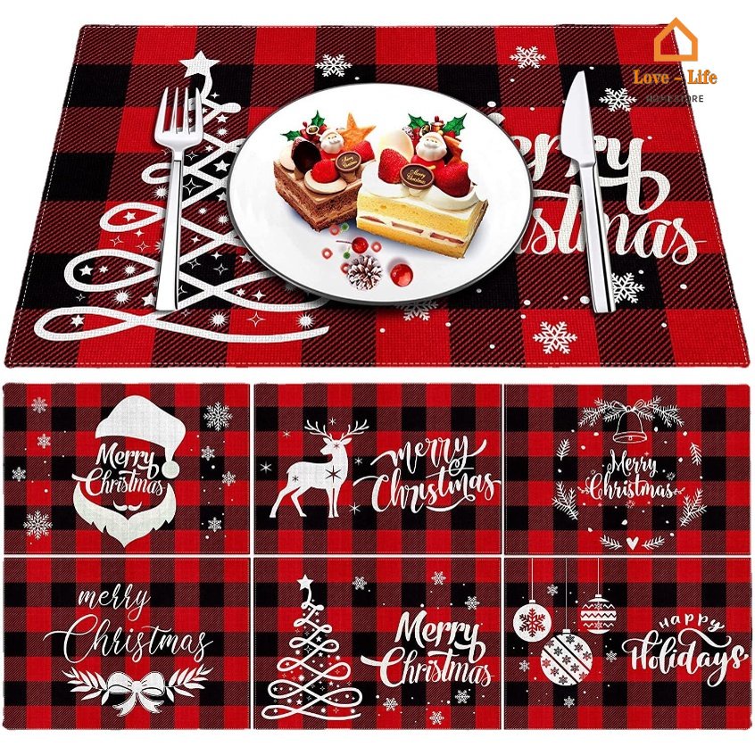 Tấm Lót Bàn Ăn Chất Liệu Cotton Lanh Chống Mòn In Họa Tiết Giáng Sinh Màu Đỏ Đen