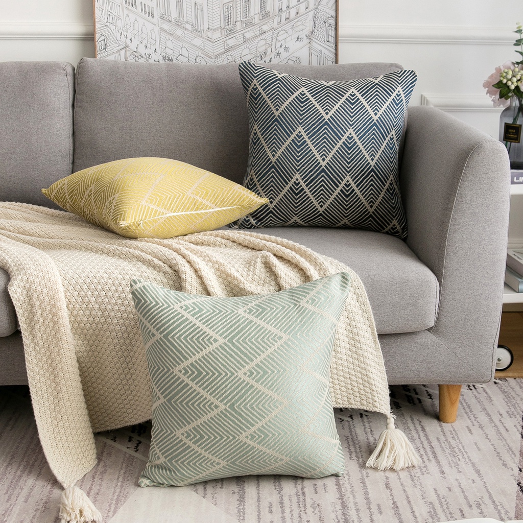 Vỏ gối cotton 60x60cm họa tiết gợn sóng có khóa kéo đơn giản trang trí phòng khách