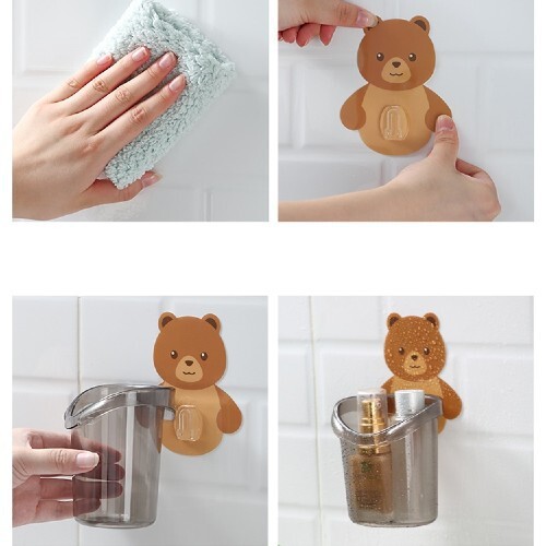 Ly cốc nhựa hình gấu dán tường nhà tắm dễ thương để bàn chải siêu dính có lỗ thoát nước bằng nhựa cao cấp