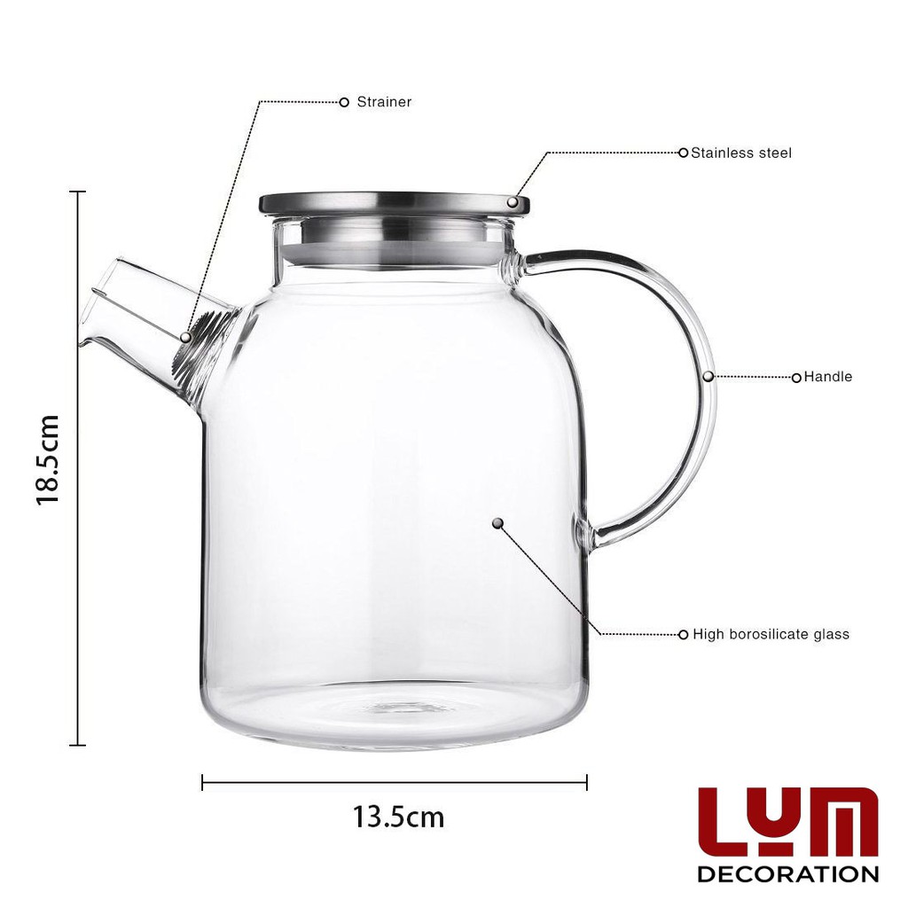 (SẴN) Bình nước 1.8L pha trà hoa - Bình thủy tinh chịu nhiệt cao cấp Borosilicate, hàng xuất Âu