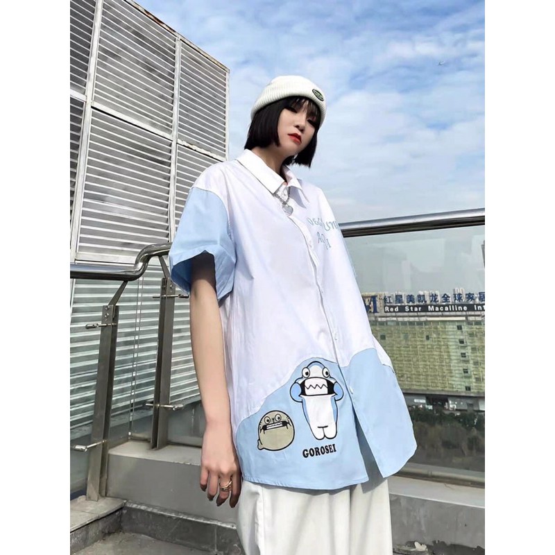 Áo sơ mi hình chú gấu xanh oversize phong cách dễ thương