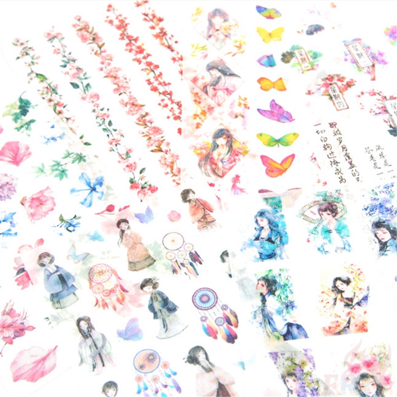 &gt; Ready Stock &lt; ❉ Flower &amp; Girl Giấy và decal dán tường ❉6Sheet/set DIY Diary Scrapbooking Decals Stickers
