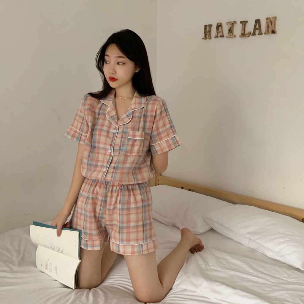 Bộ Đồ Ngủ Tay Ngắn Họa Tiết Sọc Caro Đỏ Dễ Thương Phong Cách Hàn Quốc Thời Trang Mùa Hè Cho Nữ | BigBuy360 - bigbuy360.vn