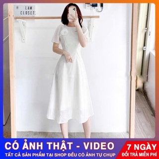 Đầm xoè midi trắng voan xốp vai đính hạt