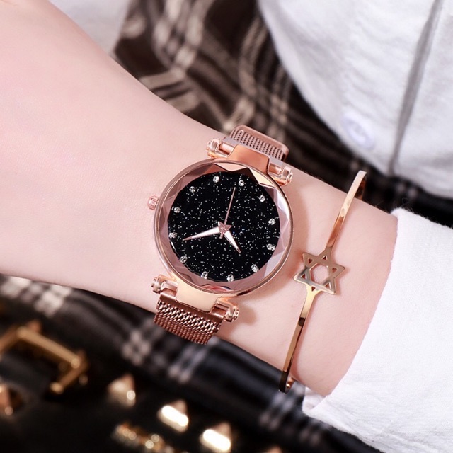 Đồng hồ nữ thời trang mặt kính khoáng dây kim loại màu vàng hồng