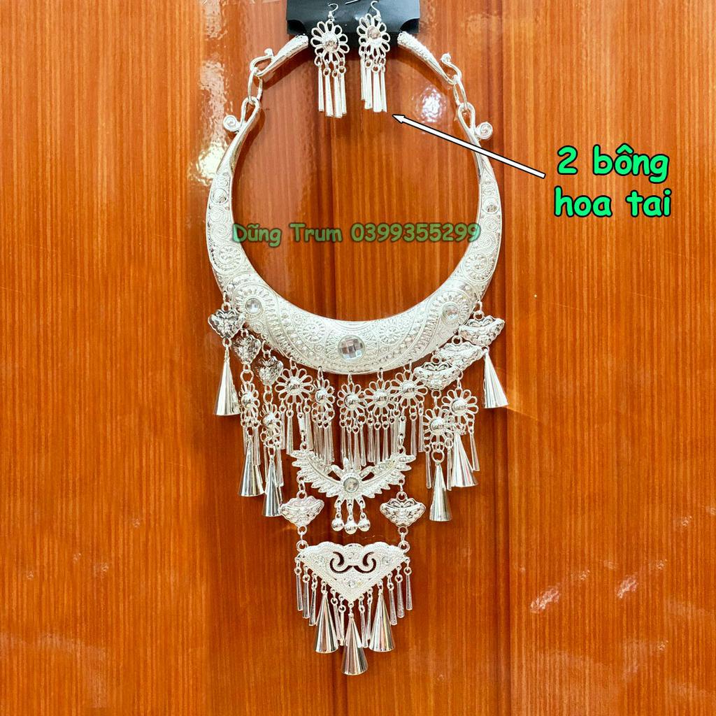 Kiềng hầu đồng tua dài kèm 2 bông tai, vòng cổ dân tộc mặt dây chuyền DT008