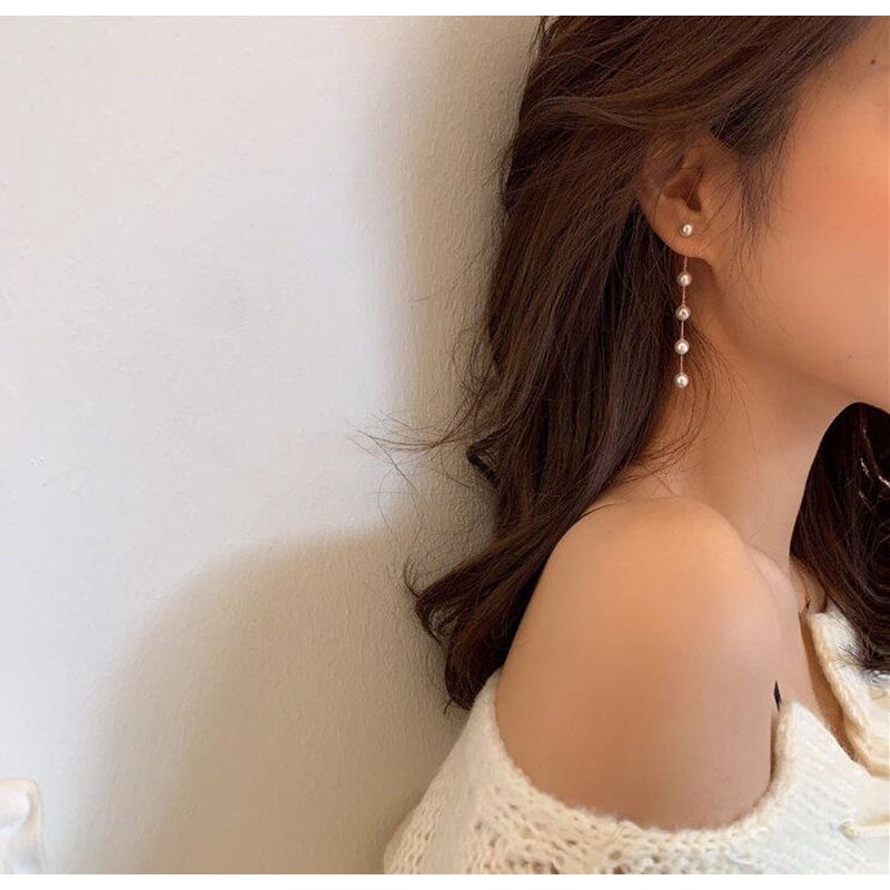 Khuyên tai mạ bạc 925 dáng dài đính hạt ngọc trai giả thanh lịch