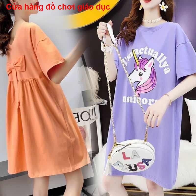 XINH XINH Bà bầu váy mùa hè Hàn Quốc bộ đồ cotton rộng giữa dài trên đầu ngắn tay áo thun hai mảnh hợp thời trang RẺ QUÁ