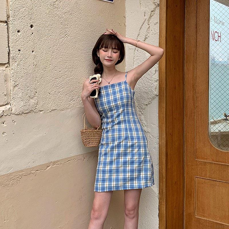 Đầm Hai Dây Họa Tiết Sọc Caro Phong Cách Retro | BigBuy360 - bigbuy360.vn