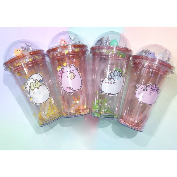 cốc 2 lớp kim tuyến pusheen khủng long nắp cầu CNCKI2 cốc giữ nhiệt ly 2 lớp nắp cầu cốc làm lạnh dễ thương 500ml