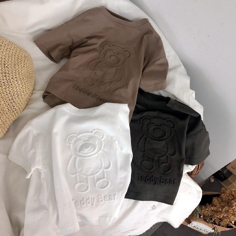 [Hàng Mới Về] Áo Thun Cotton Tay Lỡ In Nổi Hình Gấu Dập Nổi Ba Chiều Phong Cách Unisex Hàn Quốc Cho Bé Trai 8 Tuổi
