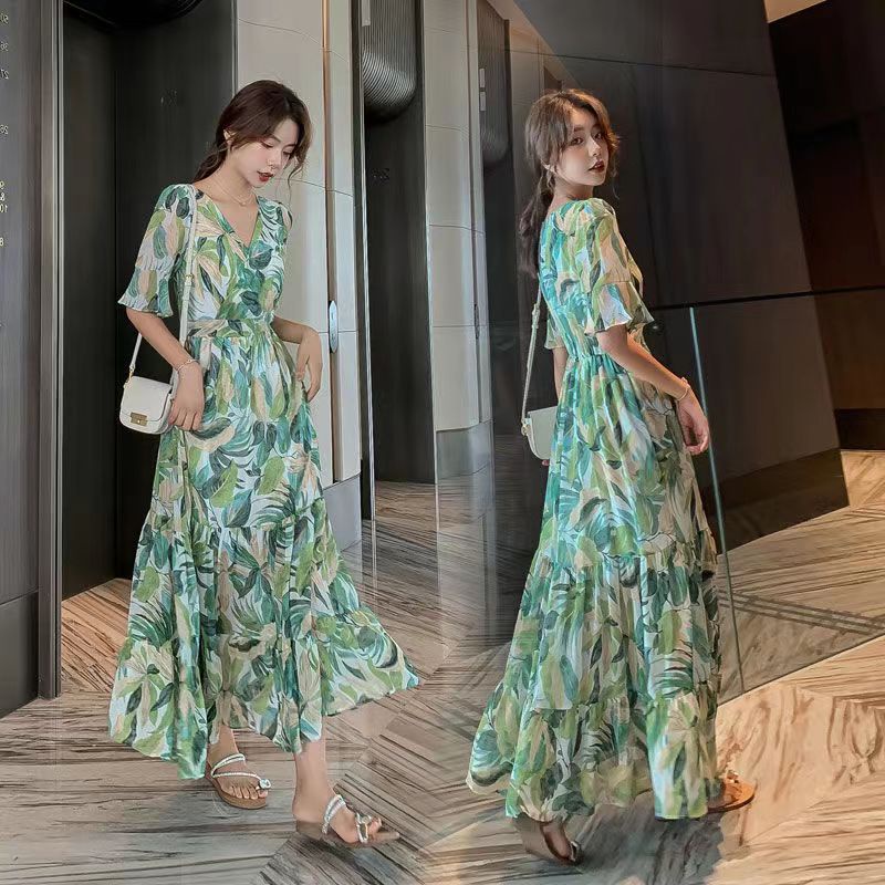 Lyq _ 1081 Đầm Voan Tay Loe Ngắn Cổ Chữ v Eo Cao Dáng Ôm In Hoa Màu Xanh Bơ