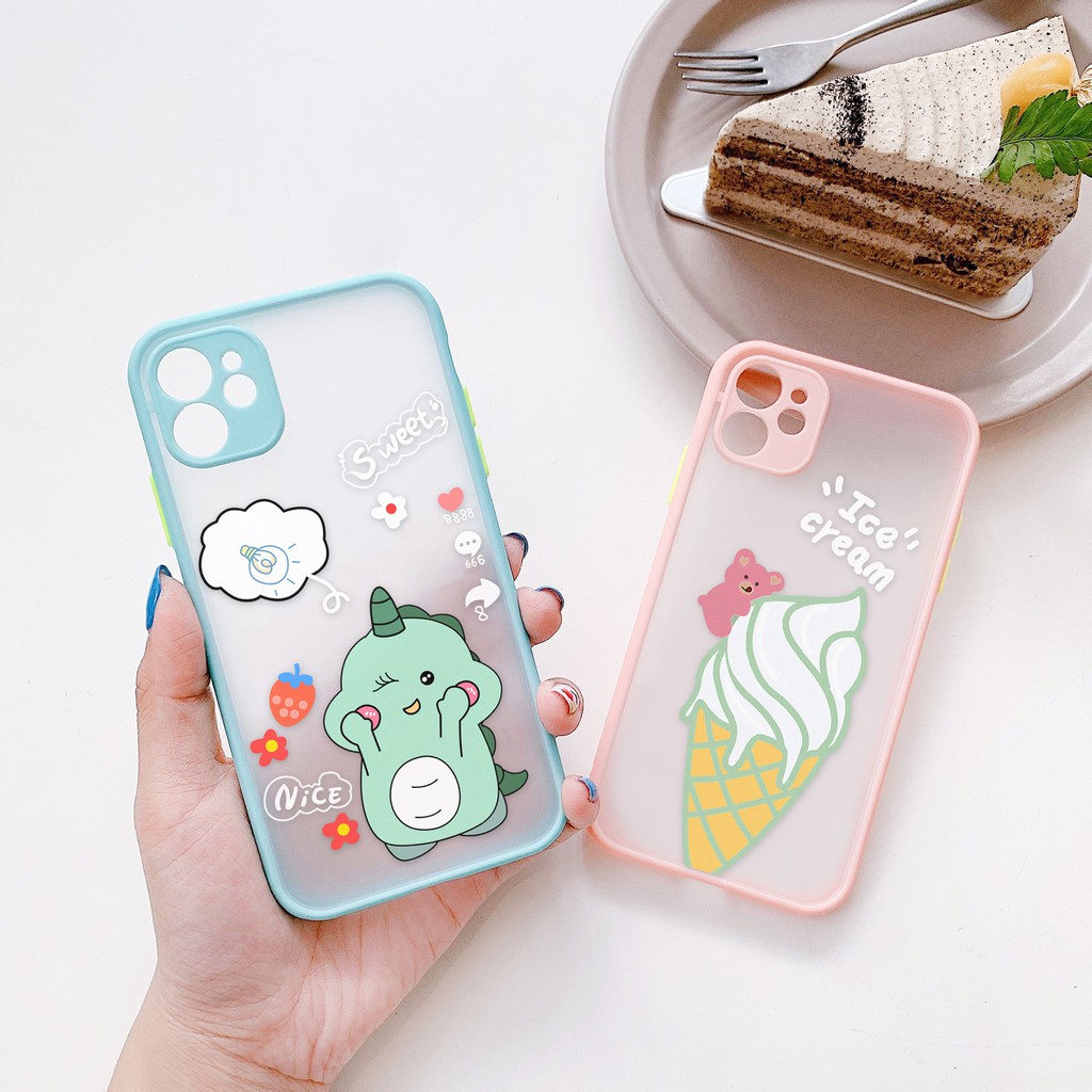 Ốp lưng iphone Kem & Dino nhám viền nổi cong 5/5s/6/6plus/6s/6splus/7/7plus/8/8plus/x/xr/xs/11/12/pro/max/plus/promax | BigBuy360 - bigbuy360.vn