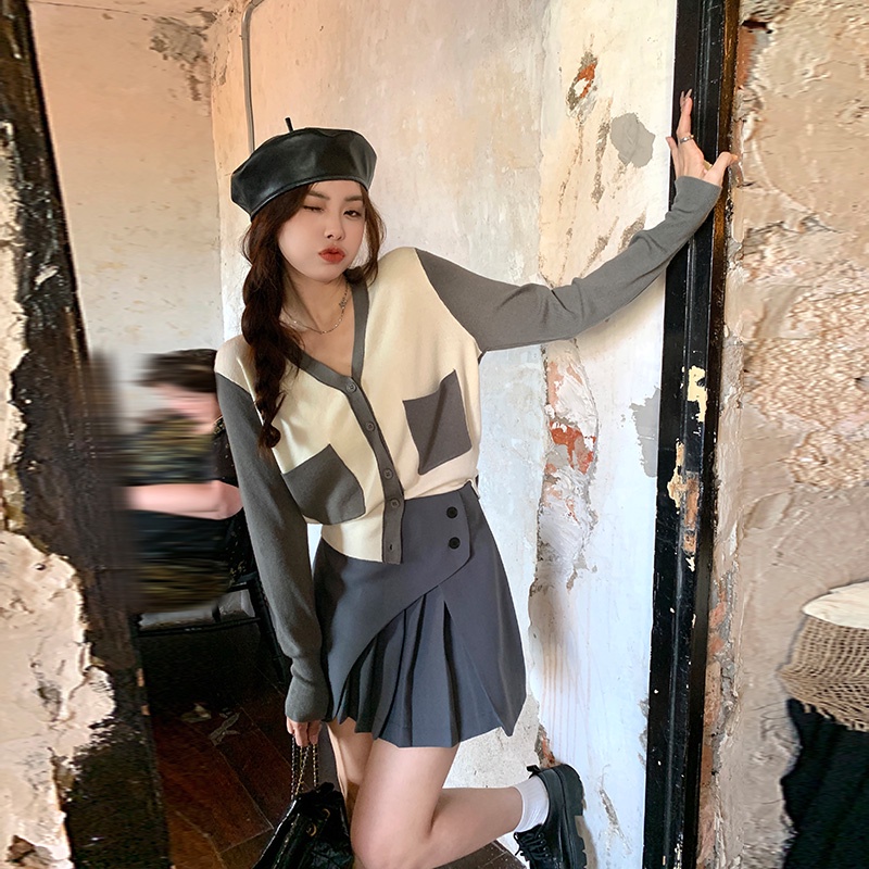 【ZHELIHANGFEI】Áo Cardigan Dệt Kim Tay Dài Cổ Chữ V Lưng Cao Thời Trang