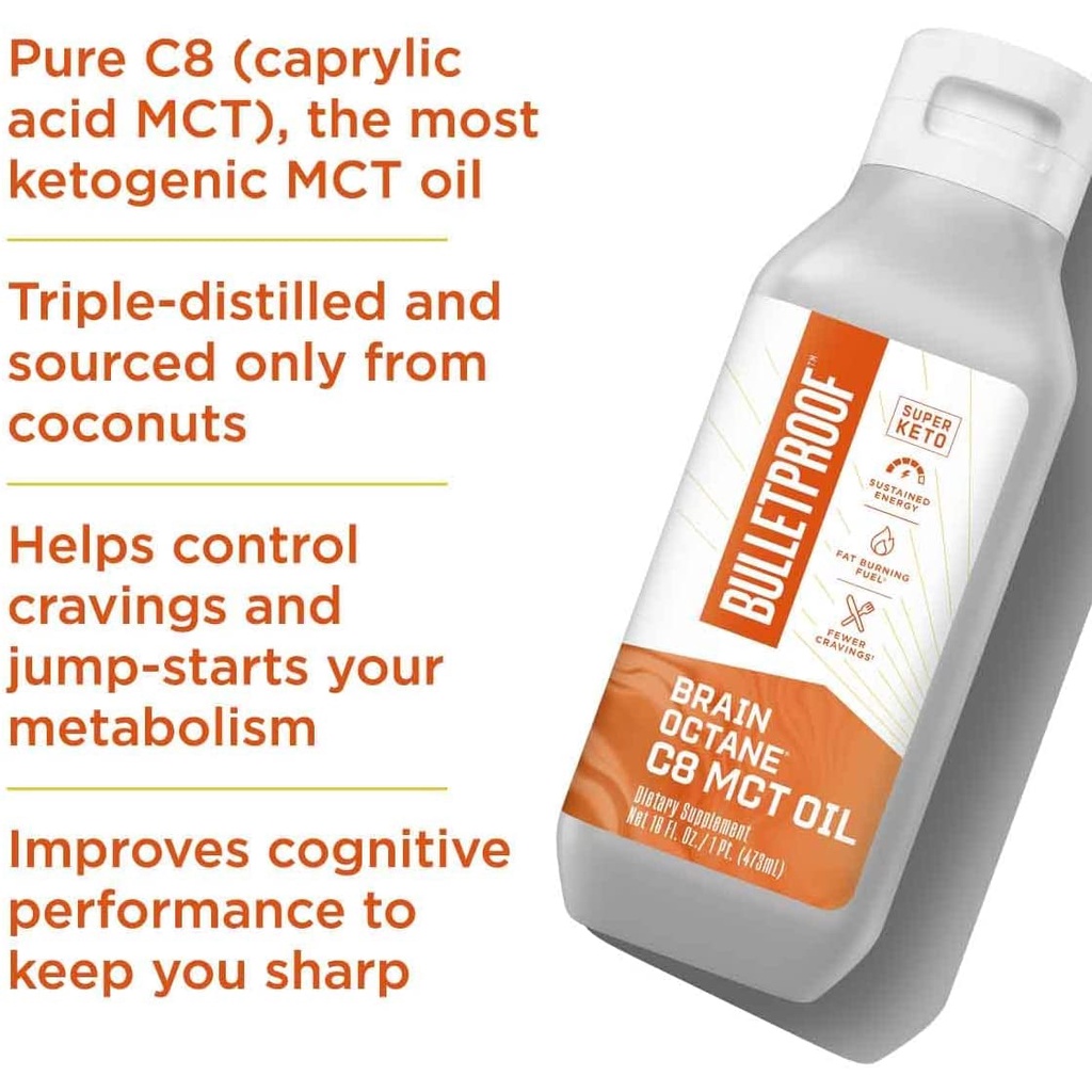 Dầu dừa MCT Oil C8 Bulletproof Brain Octane bổ sung năng lượng, tốt não, tốt tiêu hóa 473ml [Hàng Mỹ hạn dùng 2024]