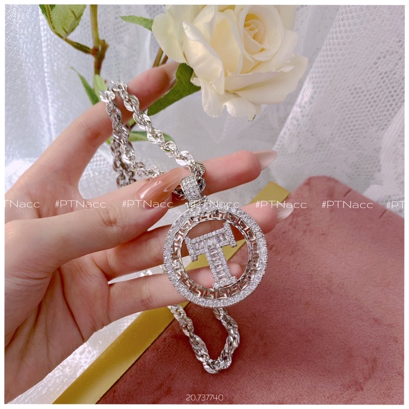 Dây chuyền, vòng cổ xi bạch kim xoắn lá phối mặt T đá paguet . PTNACC