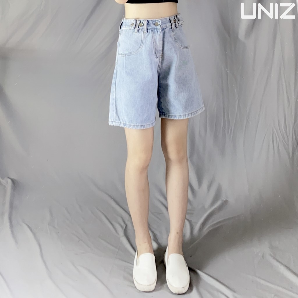 Quần Short Nữ 4 Khuy UNIZ (Màu Xanh), Dáng Lửng, Ulzzang, Cạp Cao, Form rộng, Vải Jean, Mềm Mại, Không Bai Màu