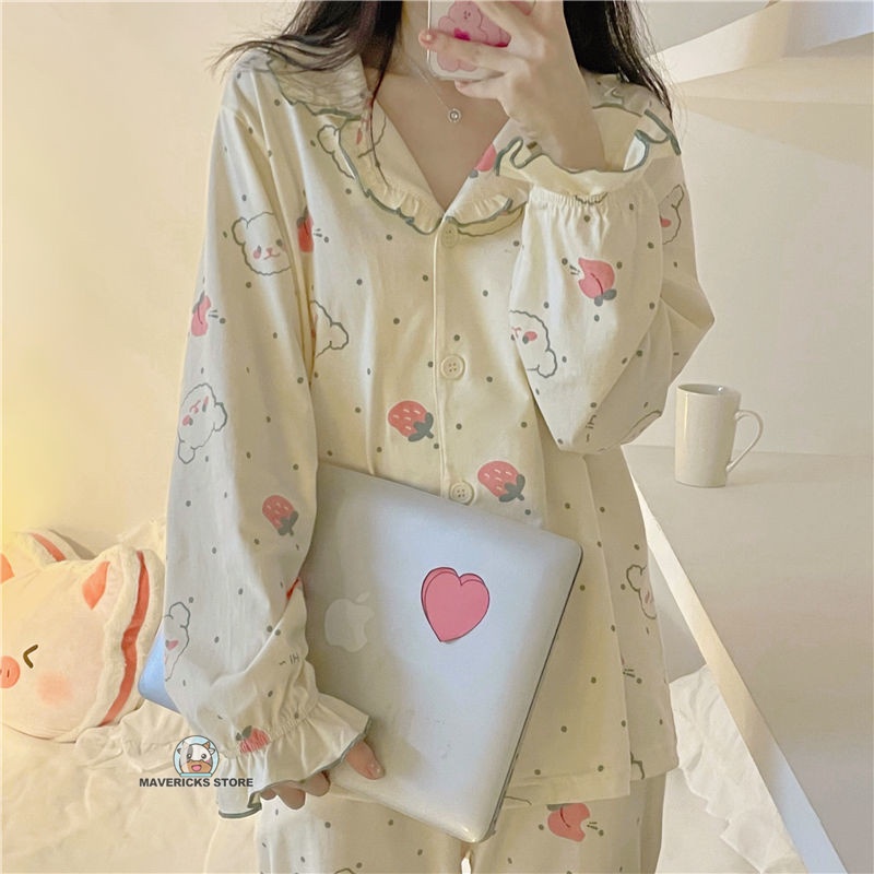 Bộ đồ ngủ tay dài họa tiết gấu/ trái cây phong cách hàn quốc cho nữ