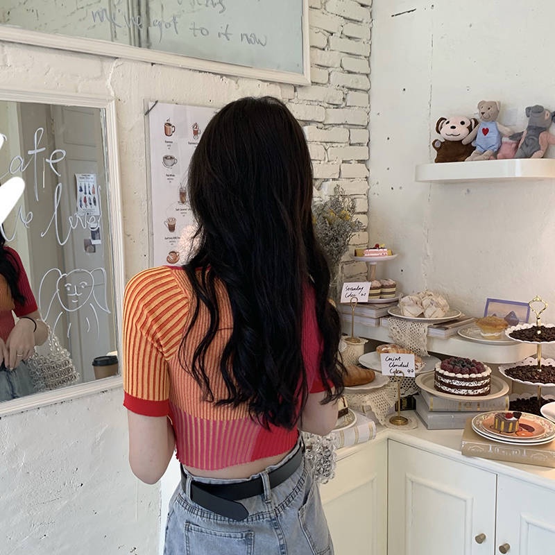 Áo Thun Tay Ngắn Họa Tiết Kẻ Sọc Cầu Vồng Phong Cách Hàn Quốc Thời Trang Mới 2022 Dành Cho Bạn Nữ