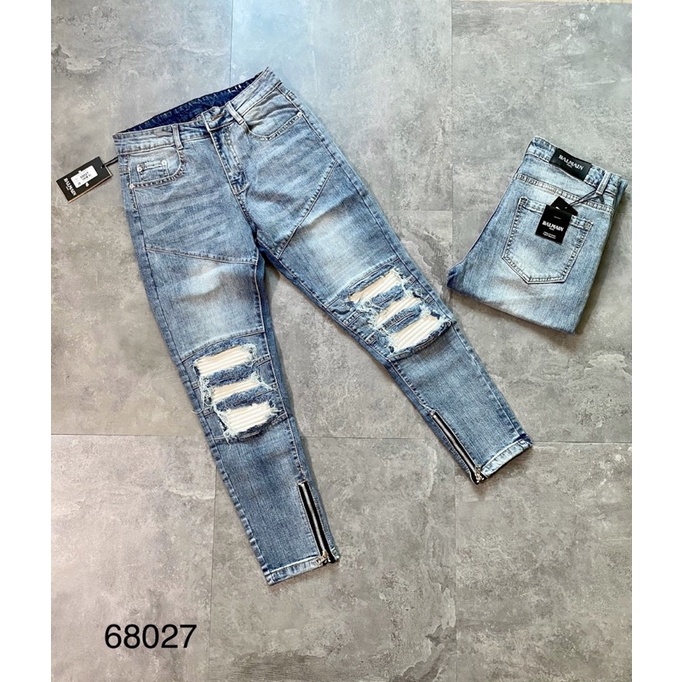 Quần jean vá da nhăn phối khoá,quần jean miken vá nhăn phối khoá zip