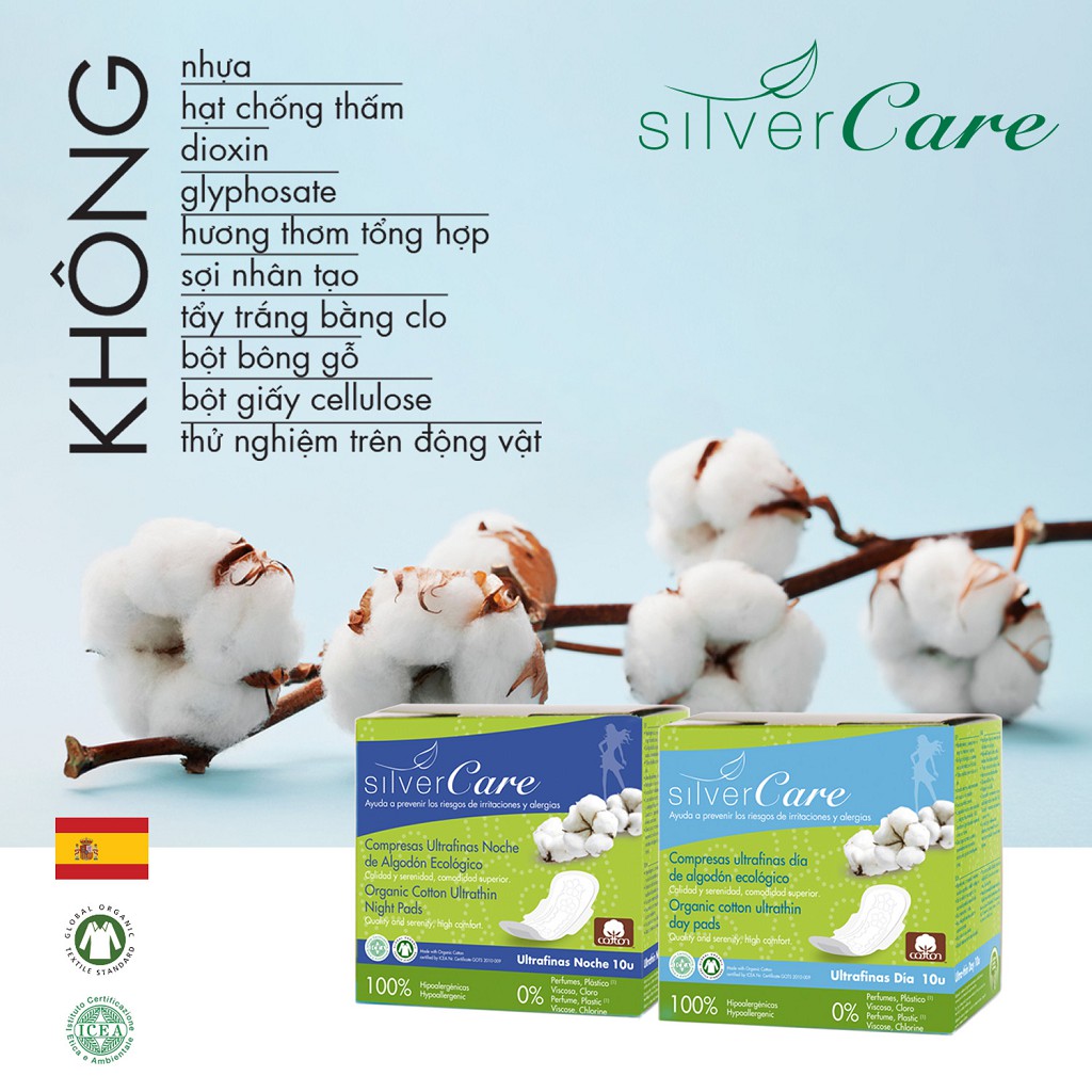 Băng vệ sinh hữu cơ siêu mỏng có cánh ban ngày Silvercare 10 miếng