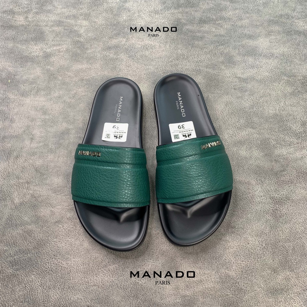 Dép da nam quai ngang cao cấp Manado Mã MND07 màu xanh fullbox, quai da mềm mại, đế cao su thiết kế chắc chắn
