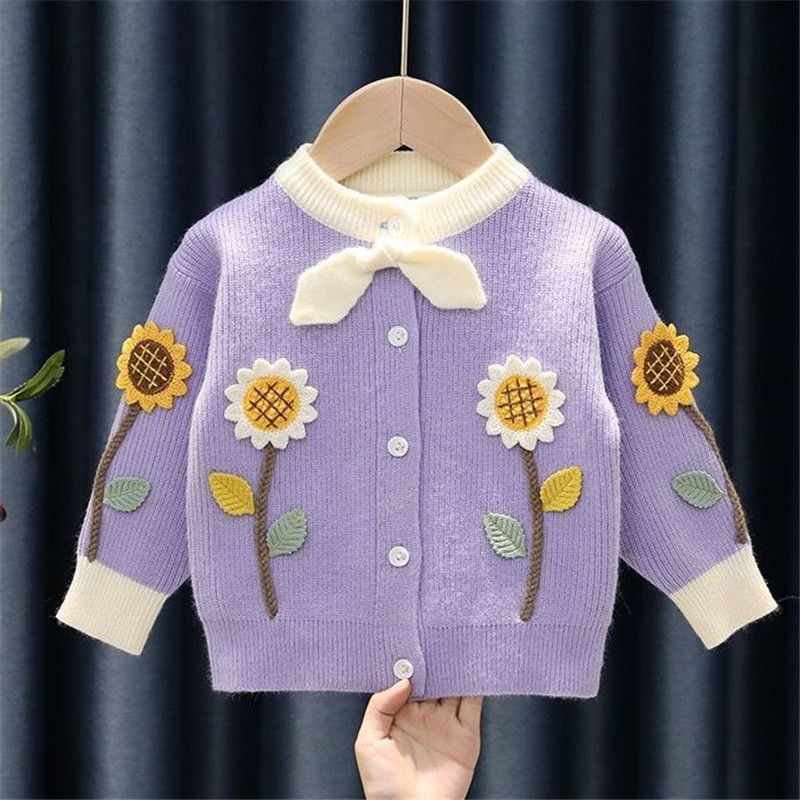 Áo Khoác Cardigan Dệt Kim Hoạ Tiết Hoa Hướng Dương Cho Bé Gái