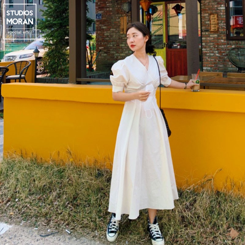 Váy MORAN cổ V tay phồng dập viền thon eo xòe dài vintage kiểu Pháp sang trọng thanh lịch