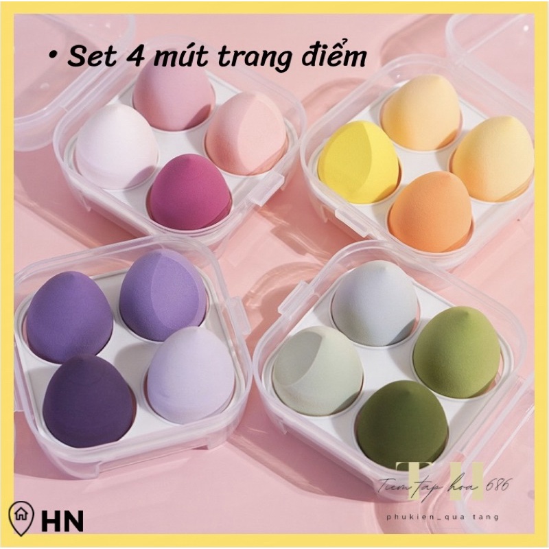 Mút trang điểm- set 4 mút tán kem nền xinh xắn tiện dụng mềm mại hình giọt nước kèm hộp đựng PK127