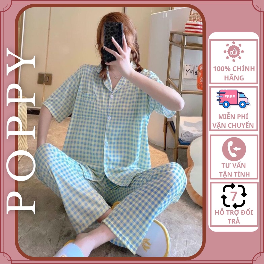 Đồ bộ pijama cộc tay caro chất liệu kate thái Pyjama nữ hàn quốc đẹp bộ ngủ nữ dài tay cao cấp đẹp POPPY cộc tay